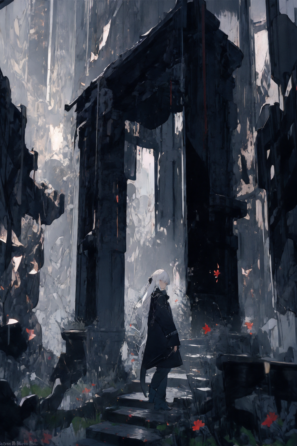 16849-4238452797-(masterpiece_1.2), best quality,realistic,Tyndall effect,_1girl, scenery, solo, stairs, long hair, ruins, standing, from behind,.png